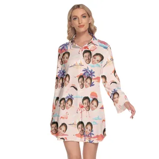 Pink Flamingo Lapel Long Sleeve Beach Dress With 2 Custom Faces