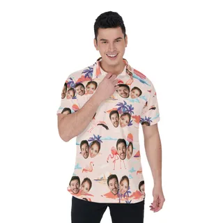 Couple Custom Face Men's Polo Shirt With Hawaiian Print