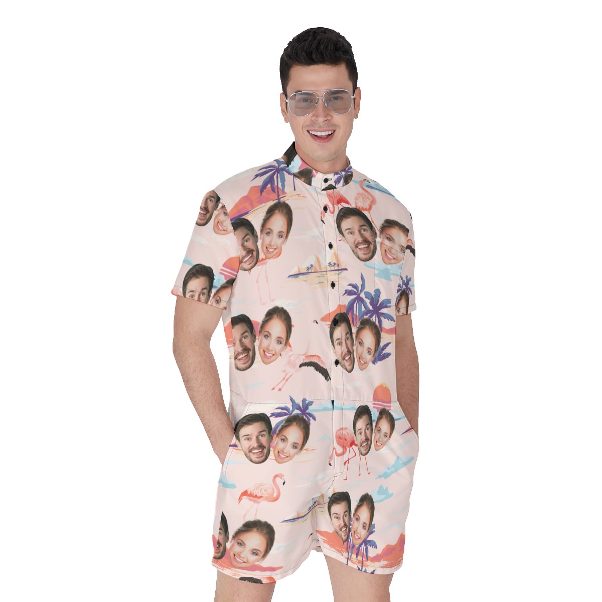 Custom 2 Faces Couple Men Hawaiian Romper - variant image 1
