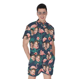 Flamingo Custom Couple Face Men's Romper Jumpsuit