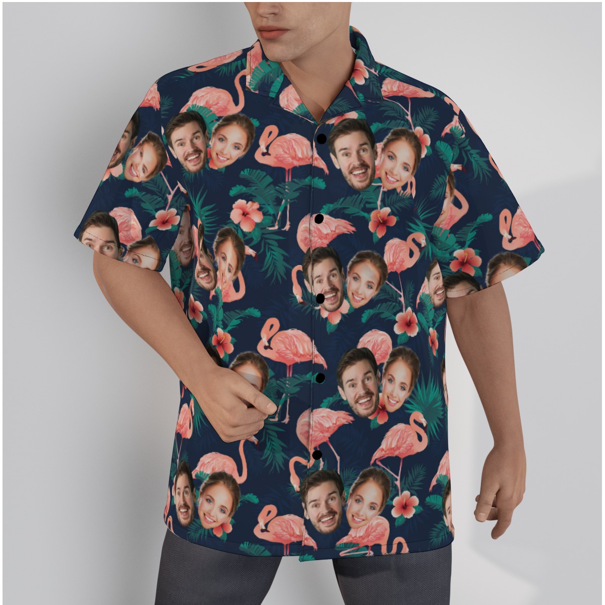 Flamingo Custom Couple Hawaiian Shirt With Face - variant image 1
