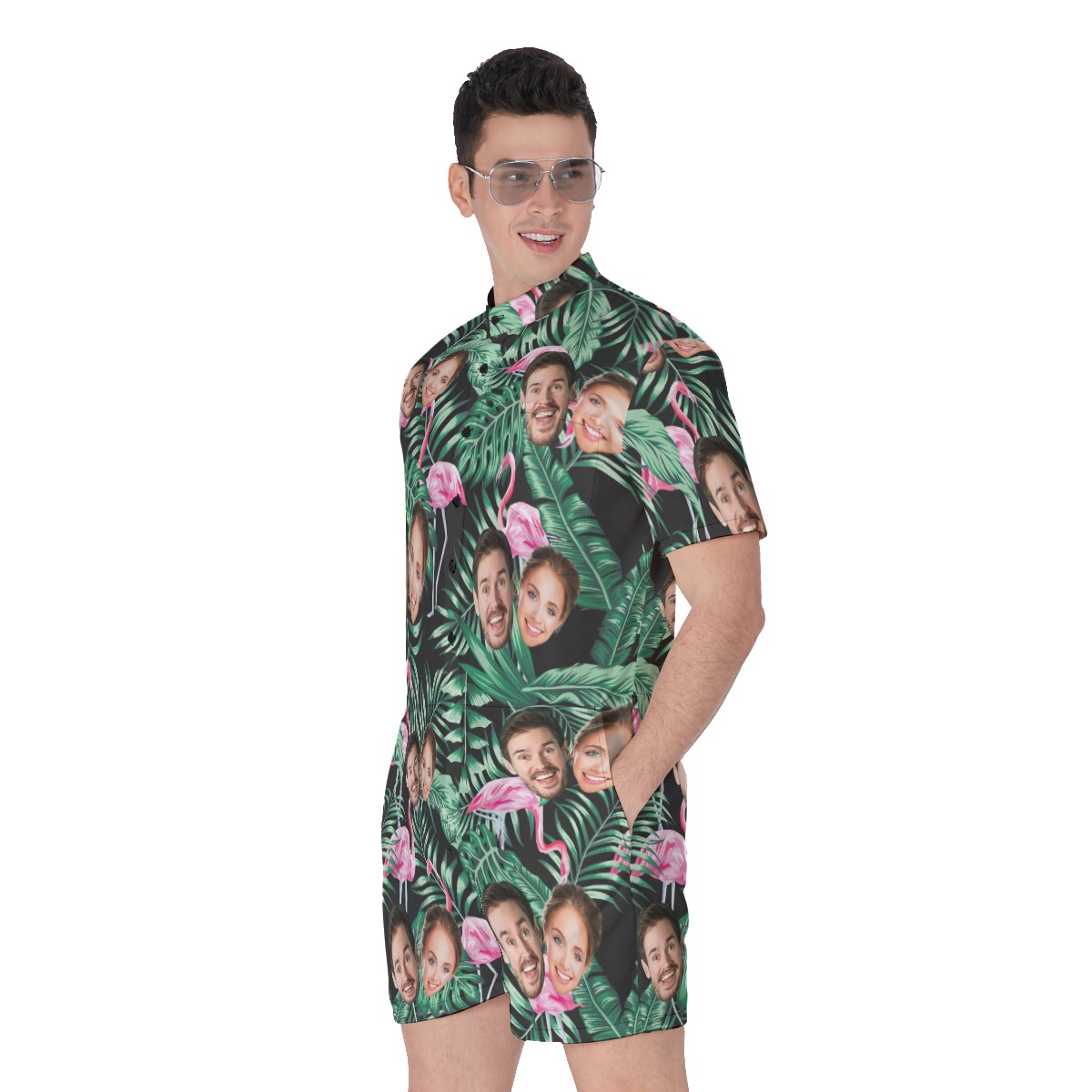 Flamingo Tropical Custom Hawaiian Men Romper Jumpsuit
