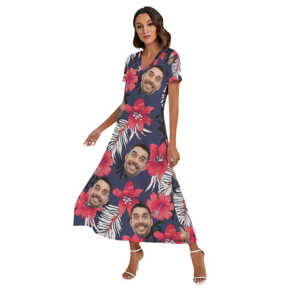 Funny Custom Face Hibicus Women's Side Slit Hawaiian Dress
