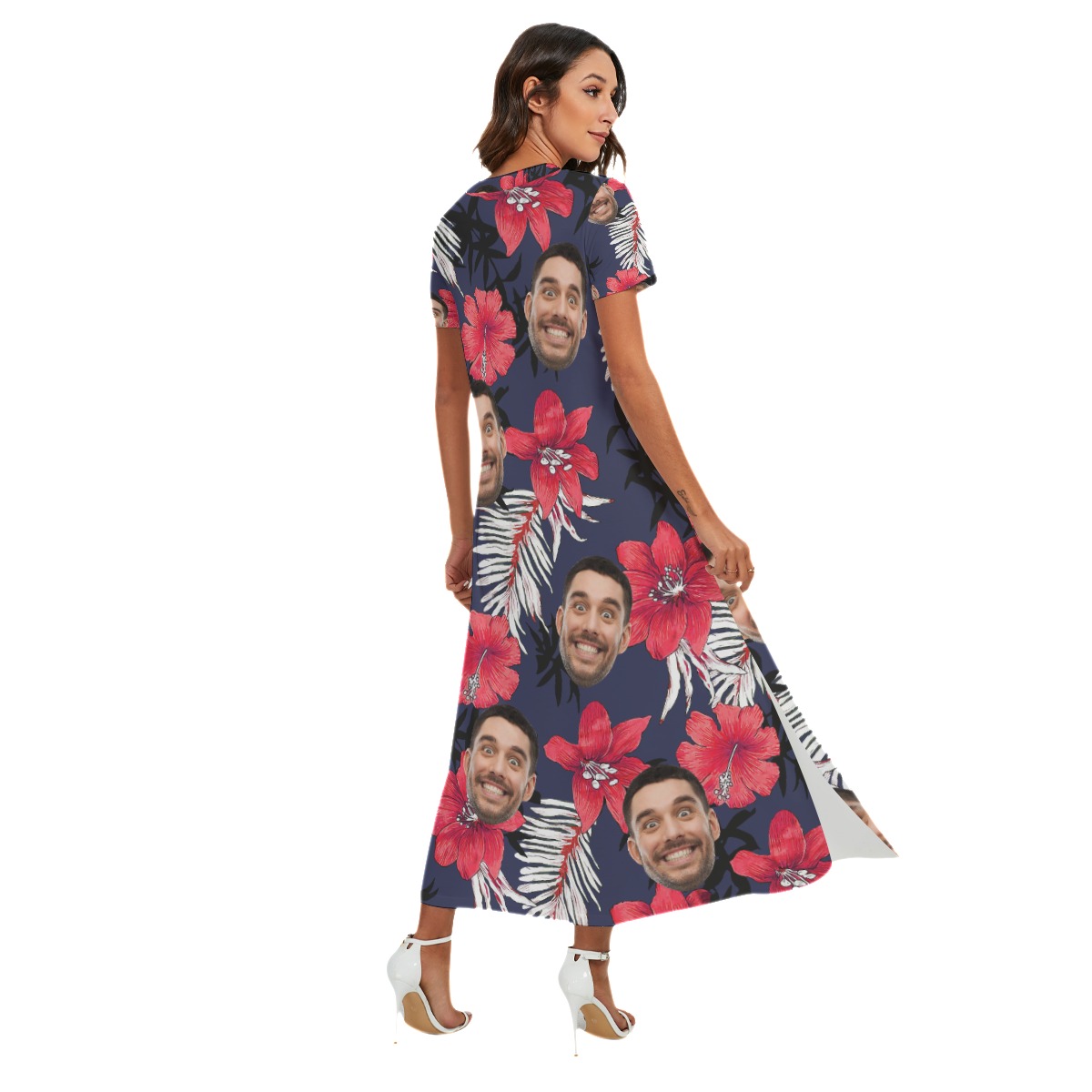Funny Custom Face Hibicus Women's Side Slit Hawaiian Dress