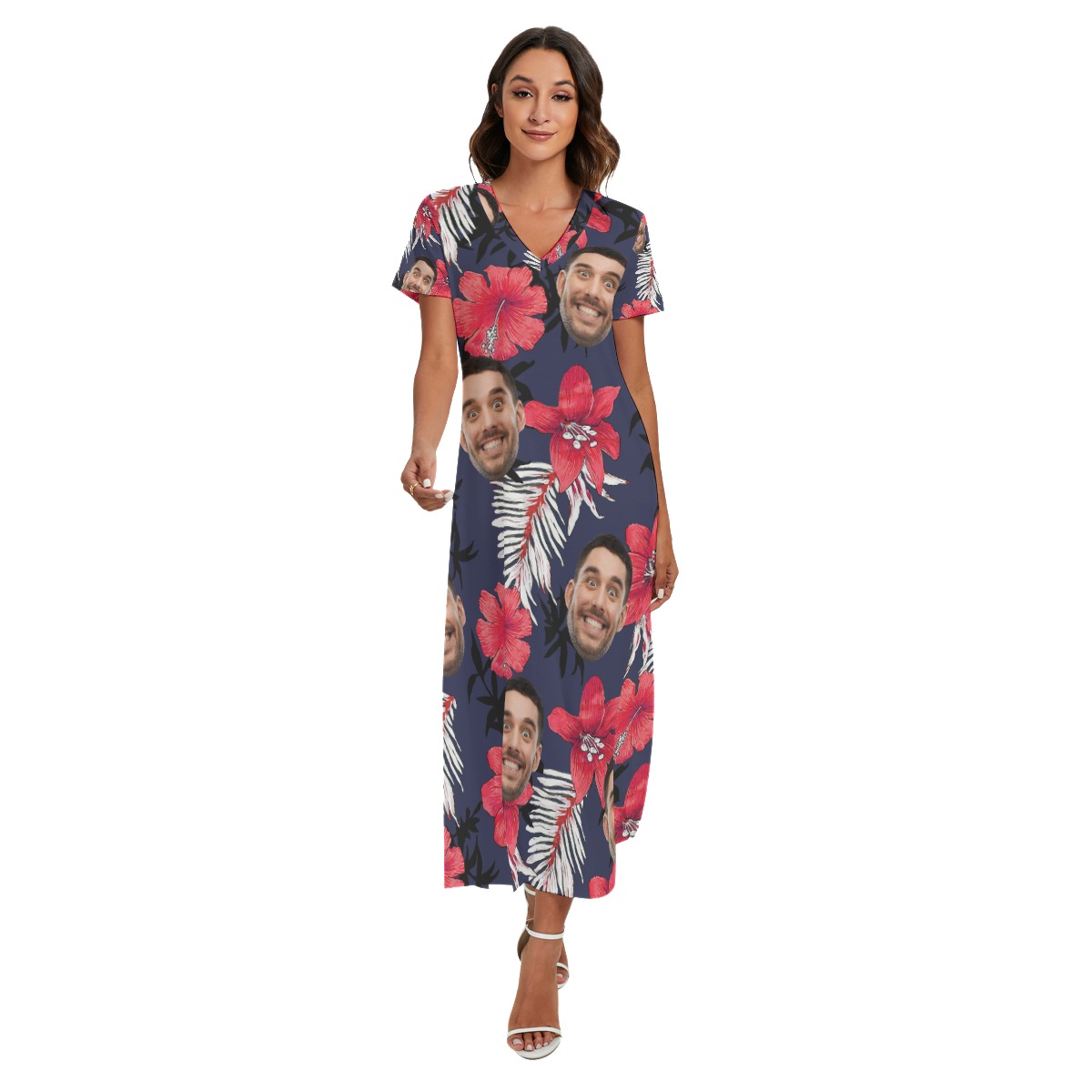 Funny Custom Face Hibicus Women's Side Slit Hawaiian Dress