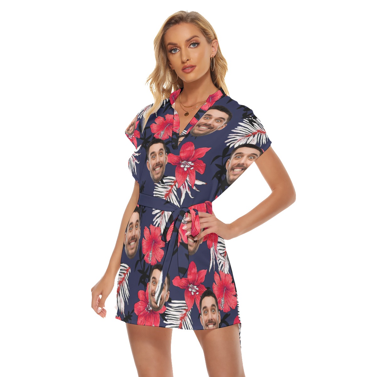 Funny Custom Face Hibicus Hawaiian Dress With Belt For Women