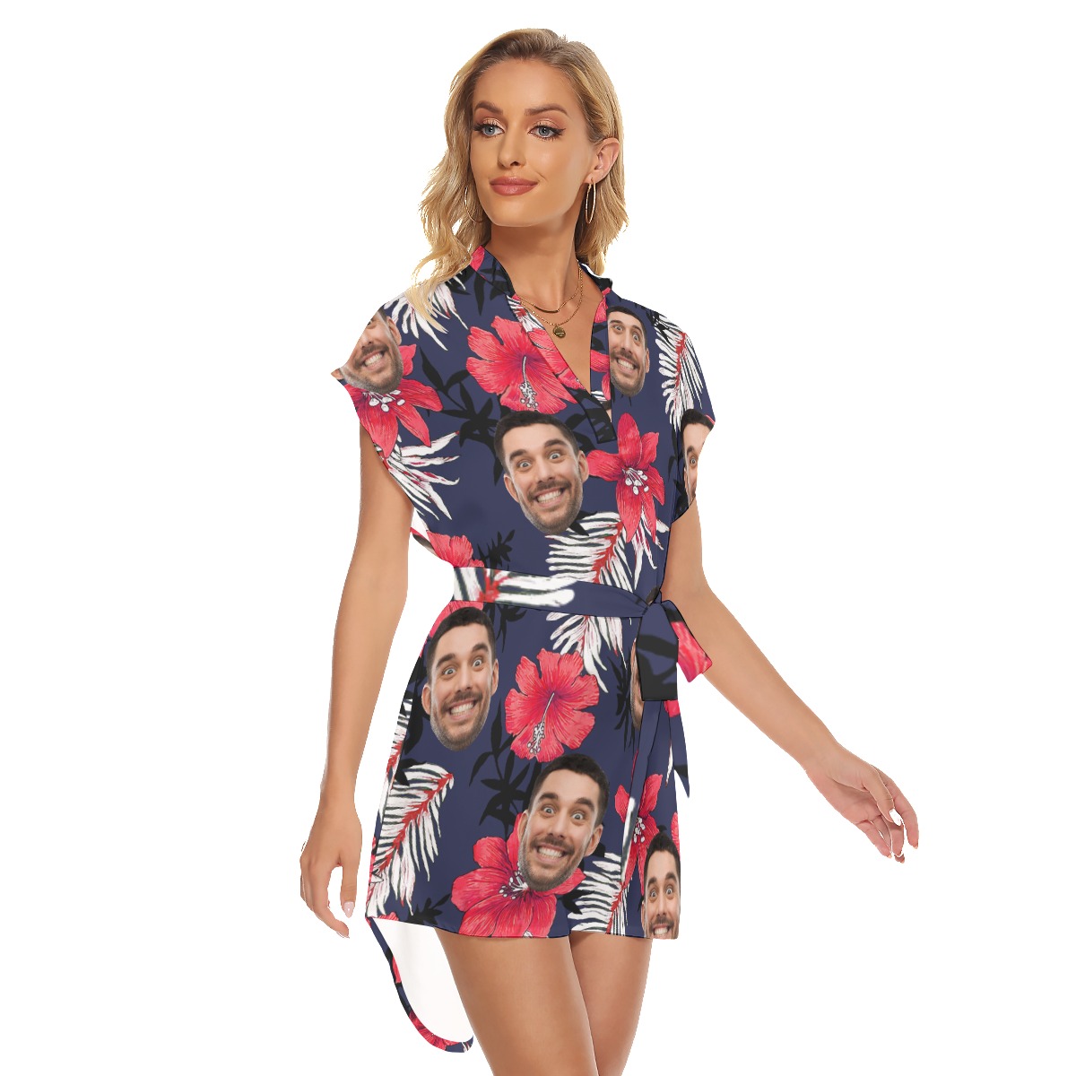 Funny Custom Face Hibicus Hawaiian Dress With Belt For Women