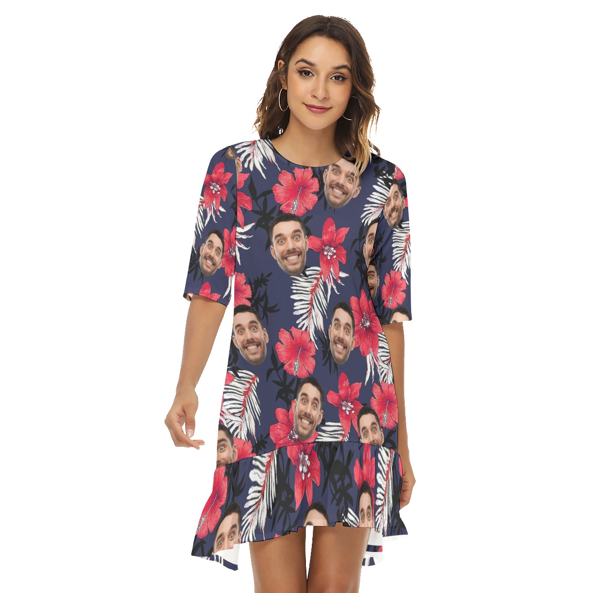 Funny Floral Custom Face Hawaiian Half Sleeve Dress With Ruffle Hem