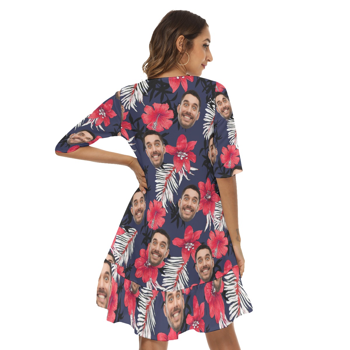 Funny Floral Custom Face Hawaiian Half Sleeve Dress With Ruffle Hem