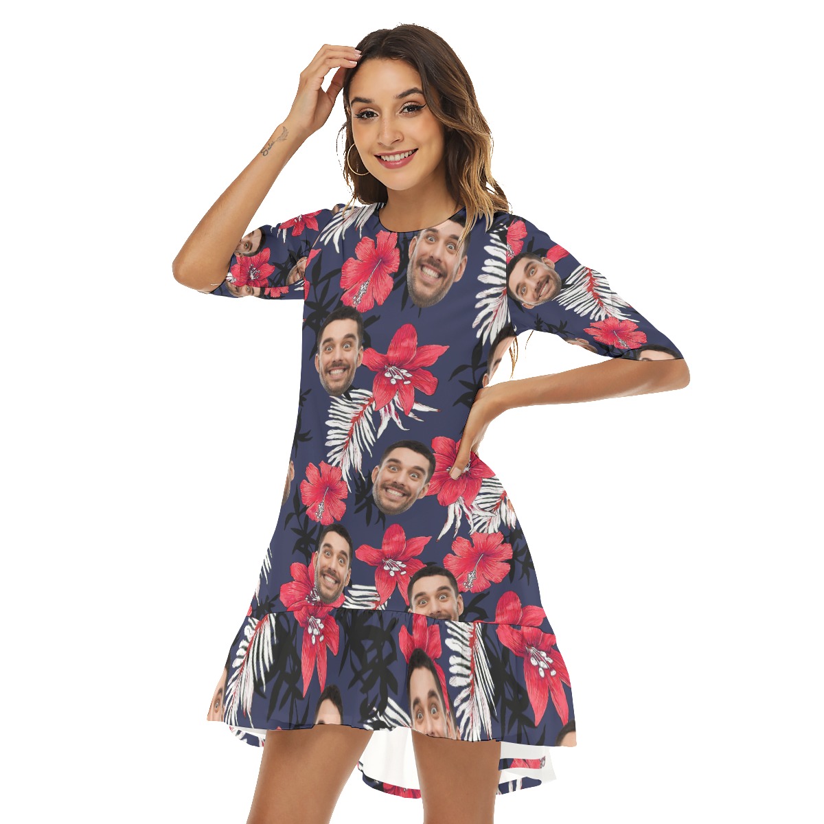 Funny Floral Custom Face Hawaiian Half Sleeve Dress With Ruffle Hem