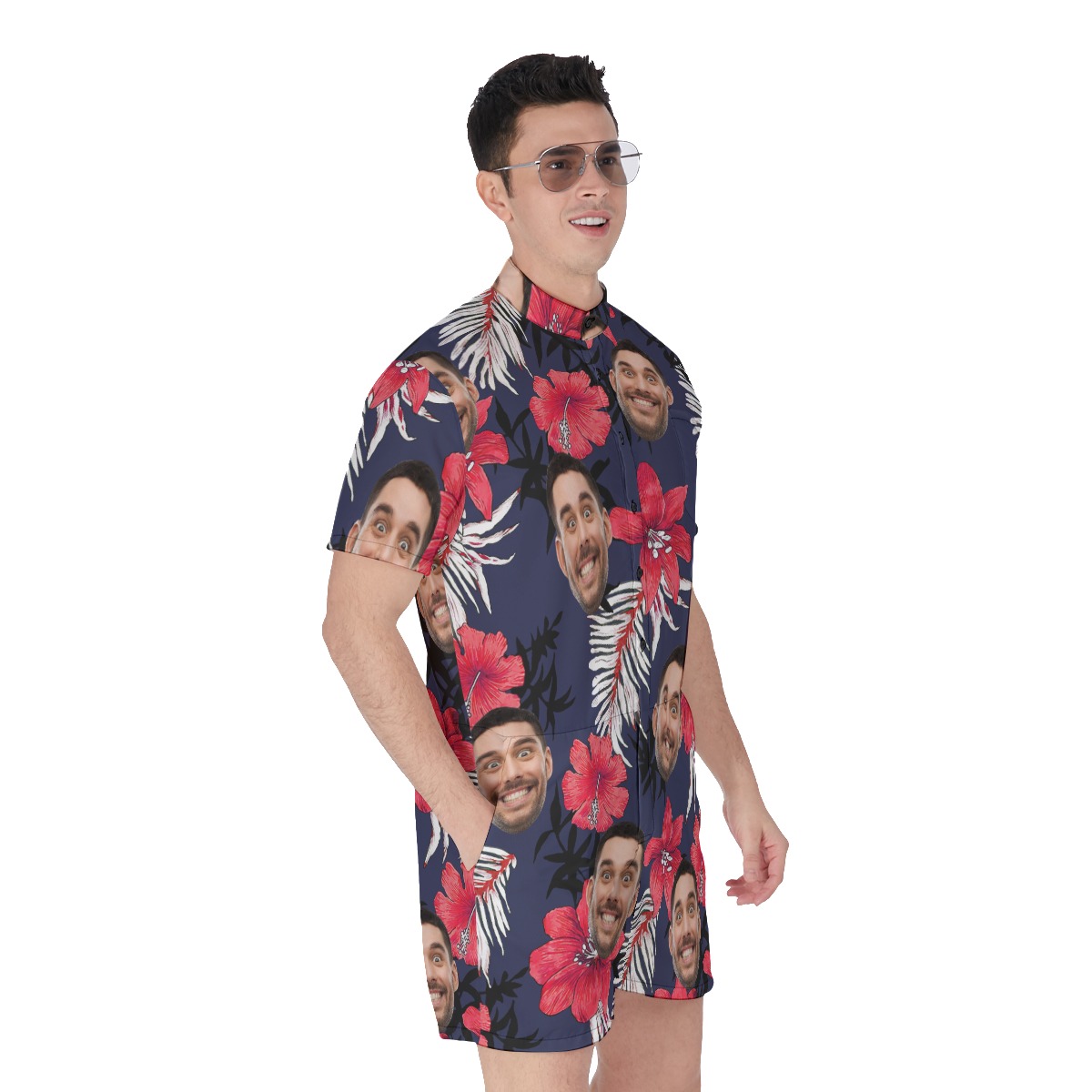 Funny Custom Face Men's Hibicus Hawaiian Romper For Summer