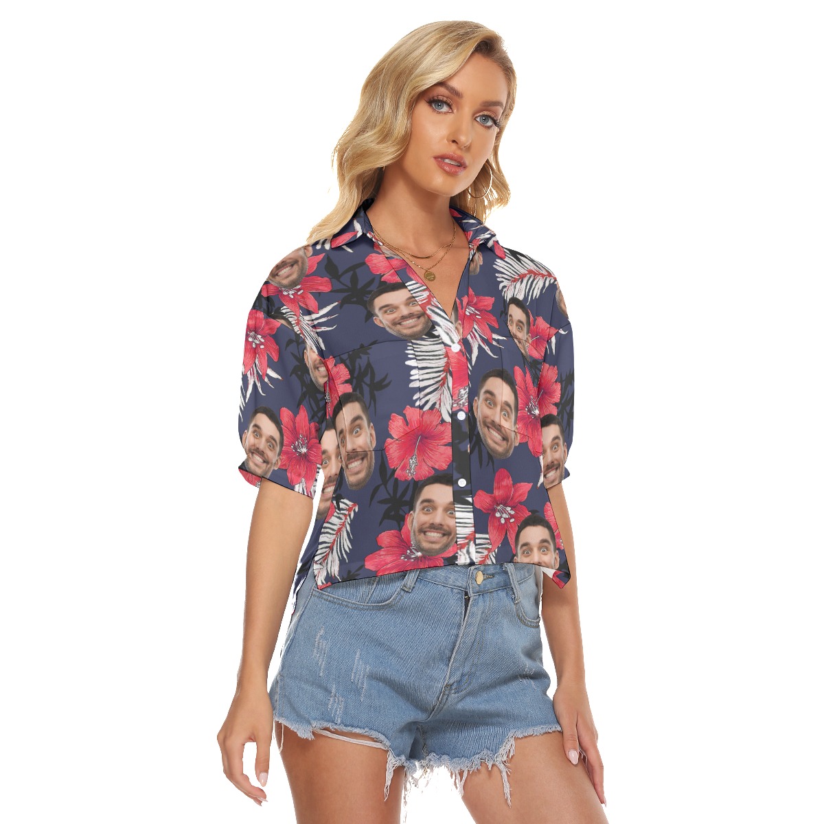 Hibicus Hawaiian Cropped Shirt With Custom Face For Women
