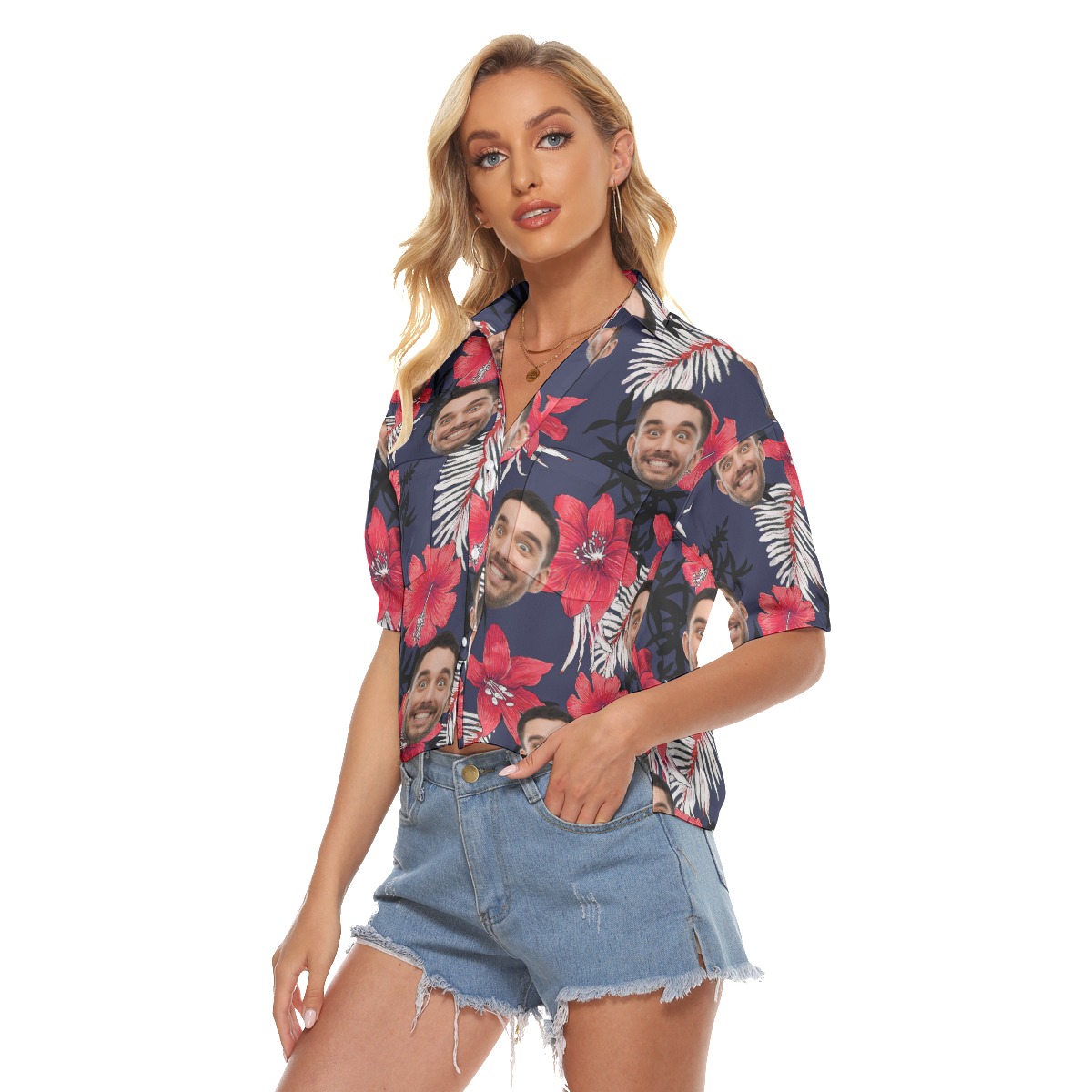 Hibicus Hawaiian Cropped Shirt With Custom Face For Women