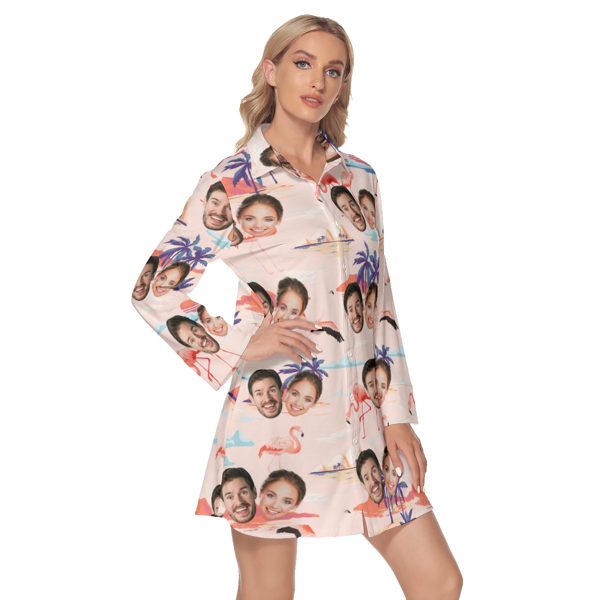 Pink Flamingo Lapel Long Sleeve Beach Dress With 2 Custom Faces