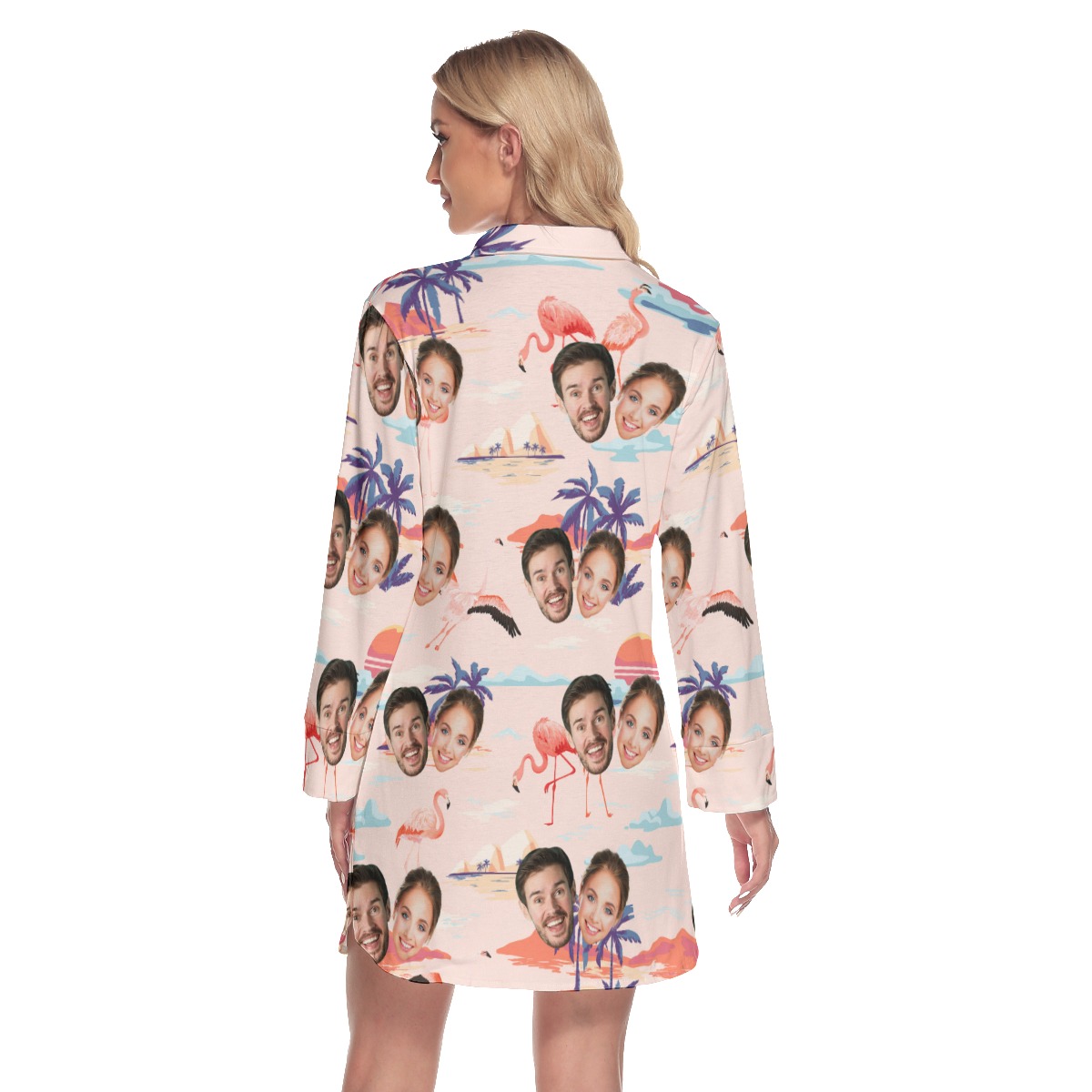 Pink Flamingo Lapel Long Sleeve Beach Dress With 2 Custom Faces