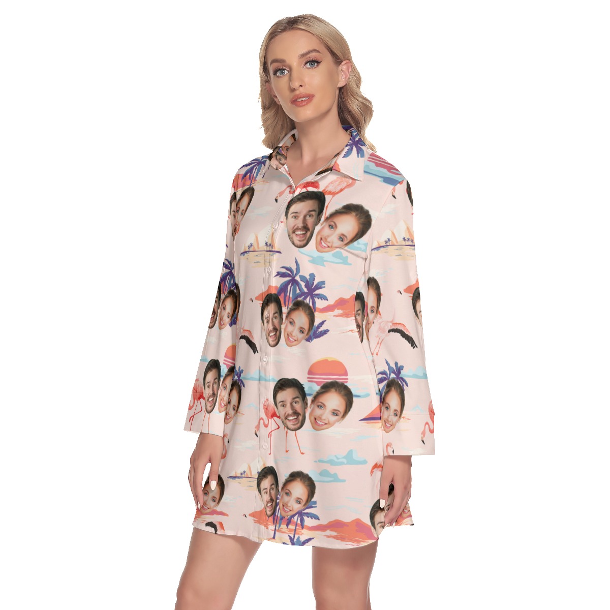 Pink Flamingo Lapel Long Sleeve Beach Dress With 2 Custom Faces