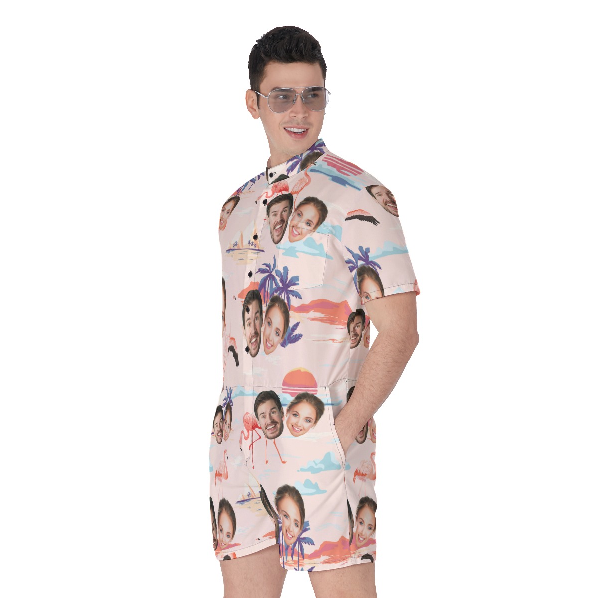 Custom 2 Faces Couple Men Hawaiian Romper