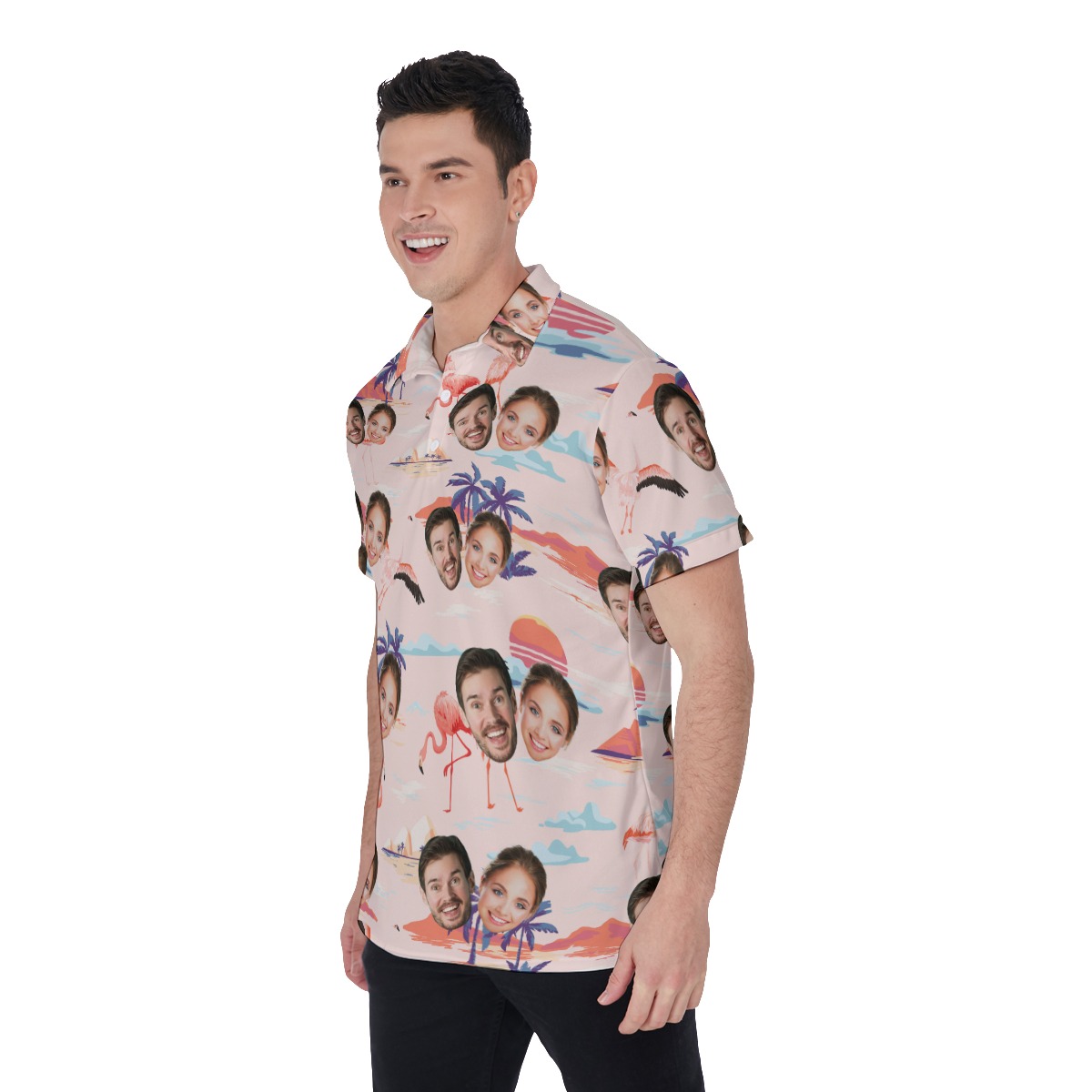 Couple Custom Face Men's Polo Shirt With Hawaiian Print