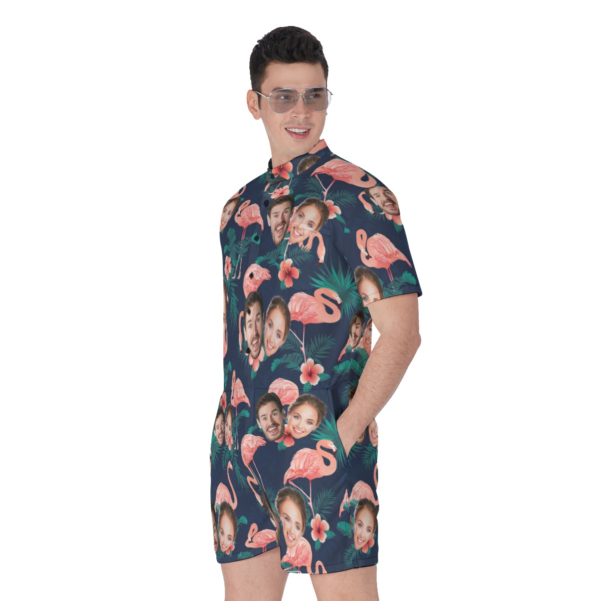 Flamingo Custom Couple Face Men's Romper Jumpsuit