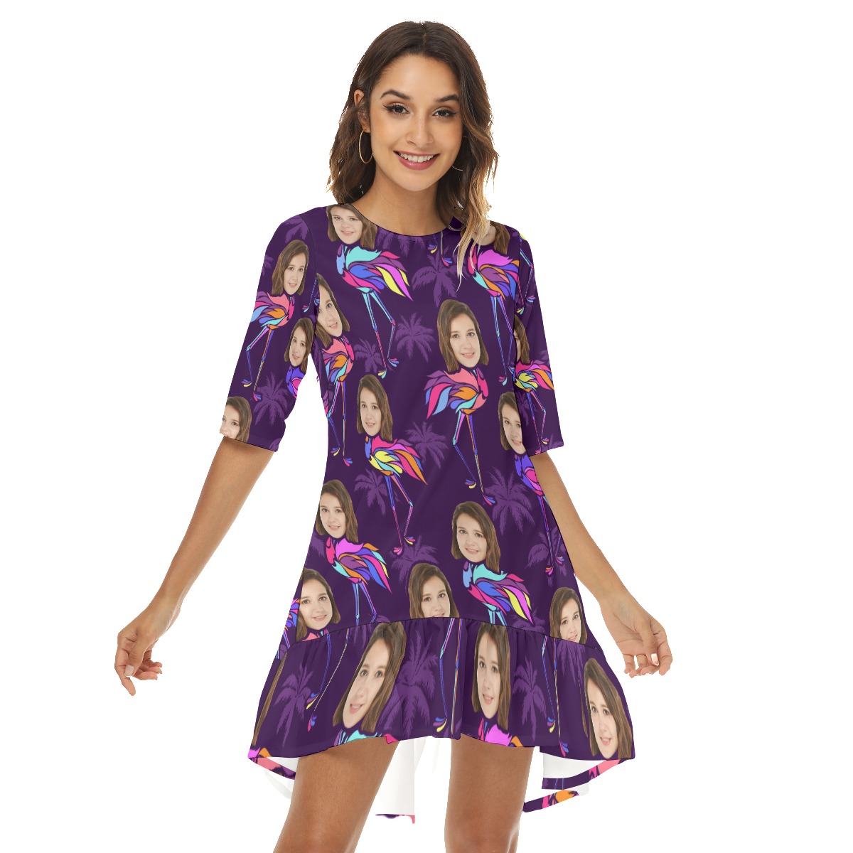 Funny Flamingo Custom Face Hawaiian Half Sleeve Dress With Ruffle Hem - variant image 1