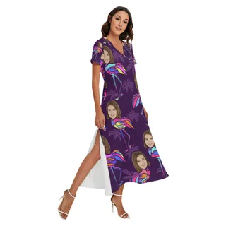 Funny Custom Face Flamingo Hawaiian V-neck Dress With Side Slit