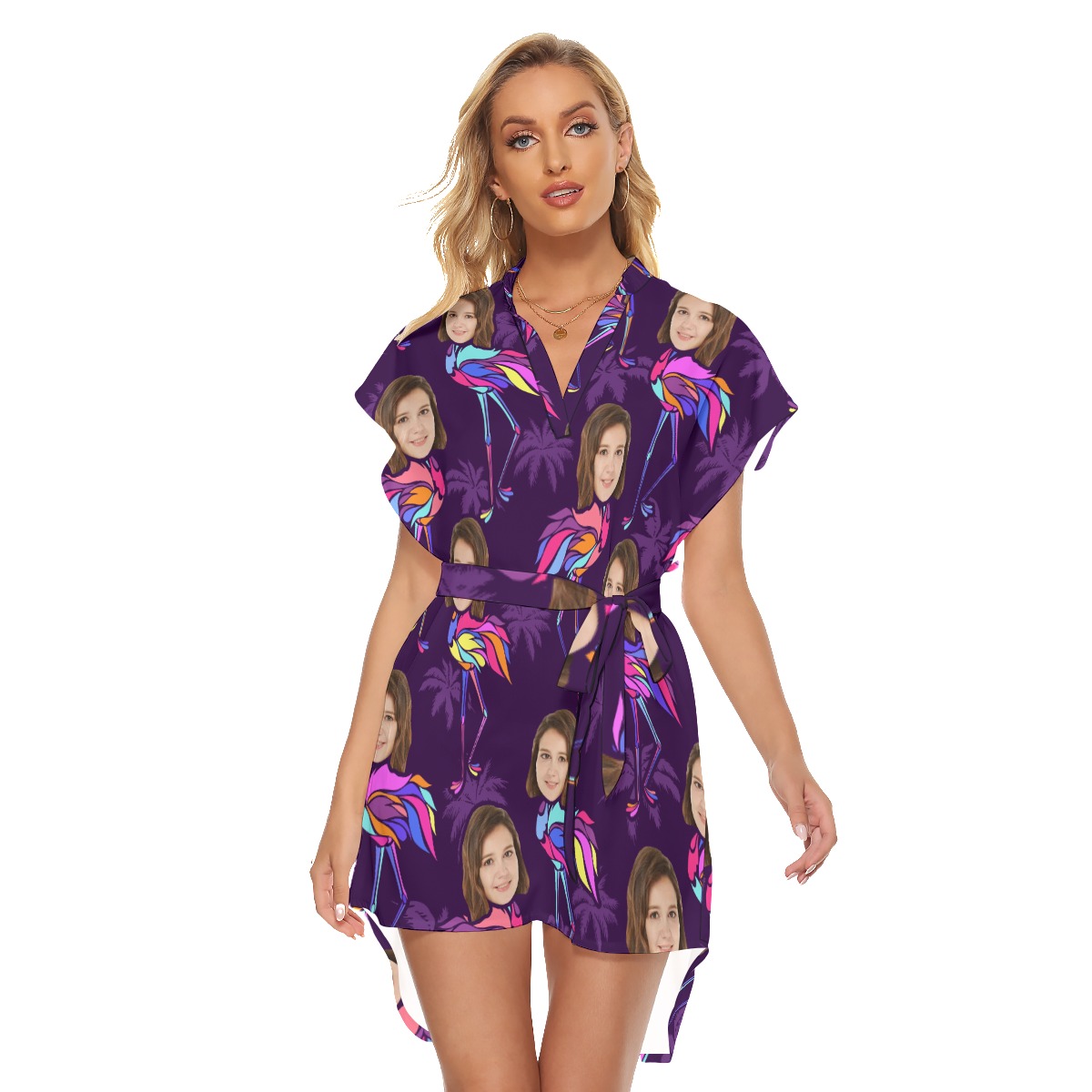 Funny Custom Face With Flamingo Hawaiian Dress With Belt - variant image 1