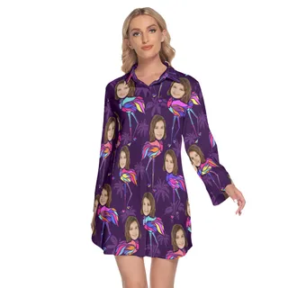 Custom Face With Flamingo Hawaiian Shirt Dress With Long Sleeve For Women