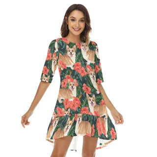 Funny Custom Dog Face Floral Hawaiian Dress With Ruffle Hem