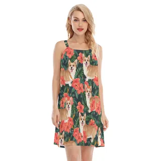 Custom Dog Face Hibicus Hawaiian Dress For Girls