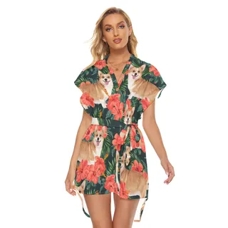 Custom Dog Face Hawaiian Dress With Belt For Summer Party
