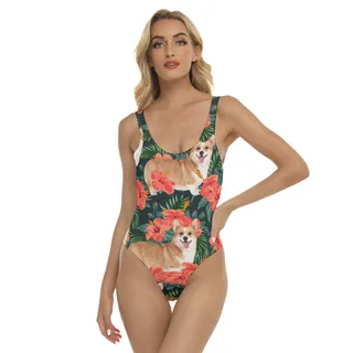 Funny Custom Dog Face Floral Hawaiian Swimsuit For Women
