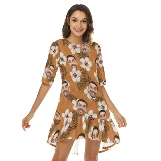 Funny Floral Custom Face Ruffle Hem Hawaiian Dress For Women