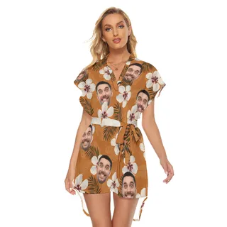 Funny Custom Face Orange Hawaiian Dress With Belt For Summer