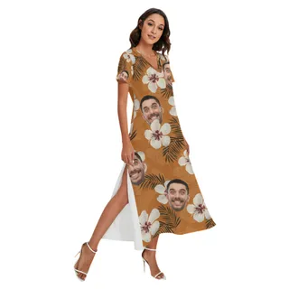 Funny Custom Face Floral Orange Hawaiian Dress With Side Slit For Women