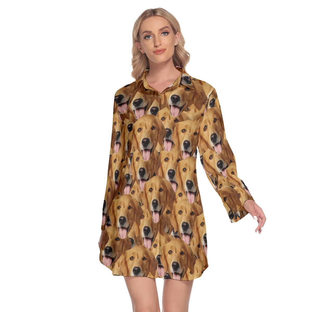 Unique Custom Dog Face Lapel Long Sleeve Women Dress - variant image 1