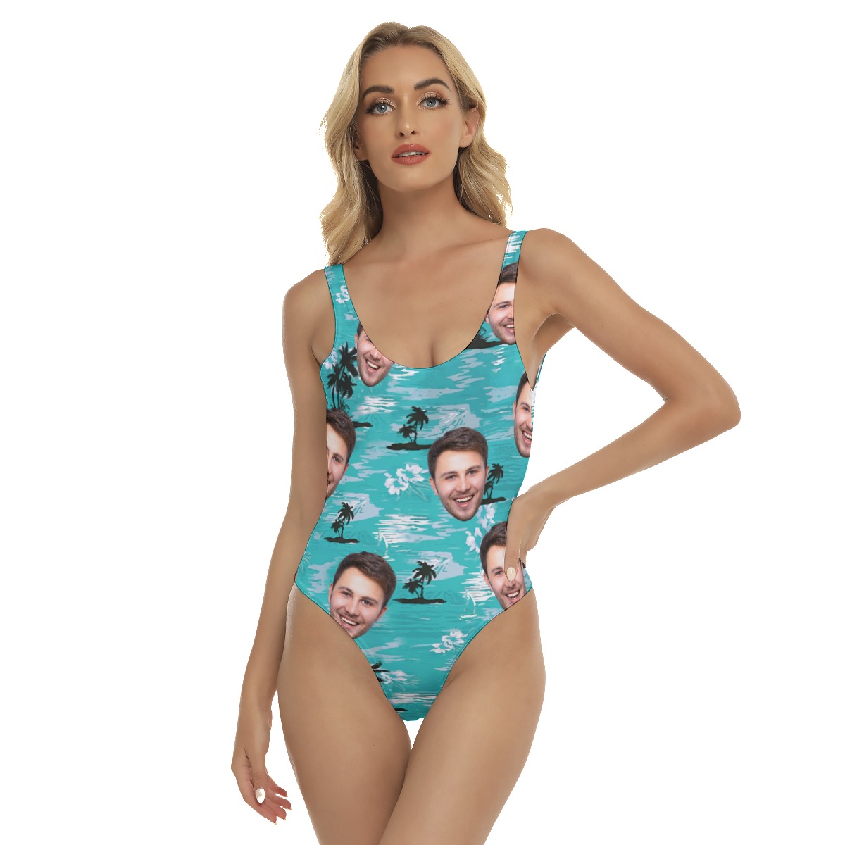Cool Light Blue Hawaiian Print One Piece Swimsuit With Multiple Faces - variant image 1