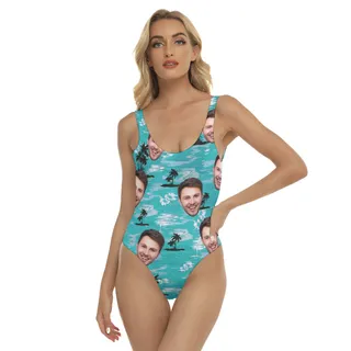 Cool Light Blue Hawaiian Print One Piece Swimsuit With Multiple Faces