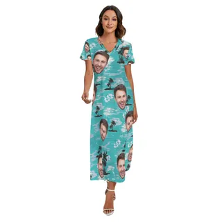 Unique Light Blue Beach Palm Custom Hawaiian Dress With Multiple Faces