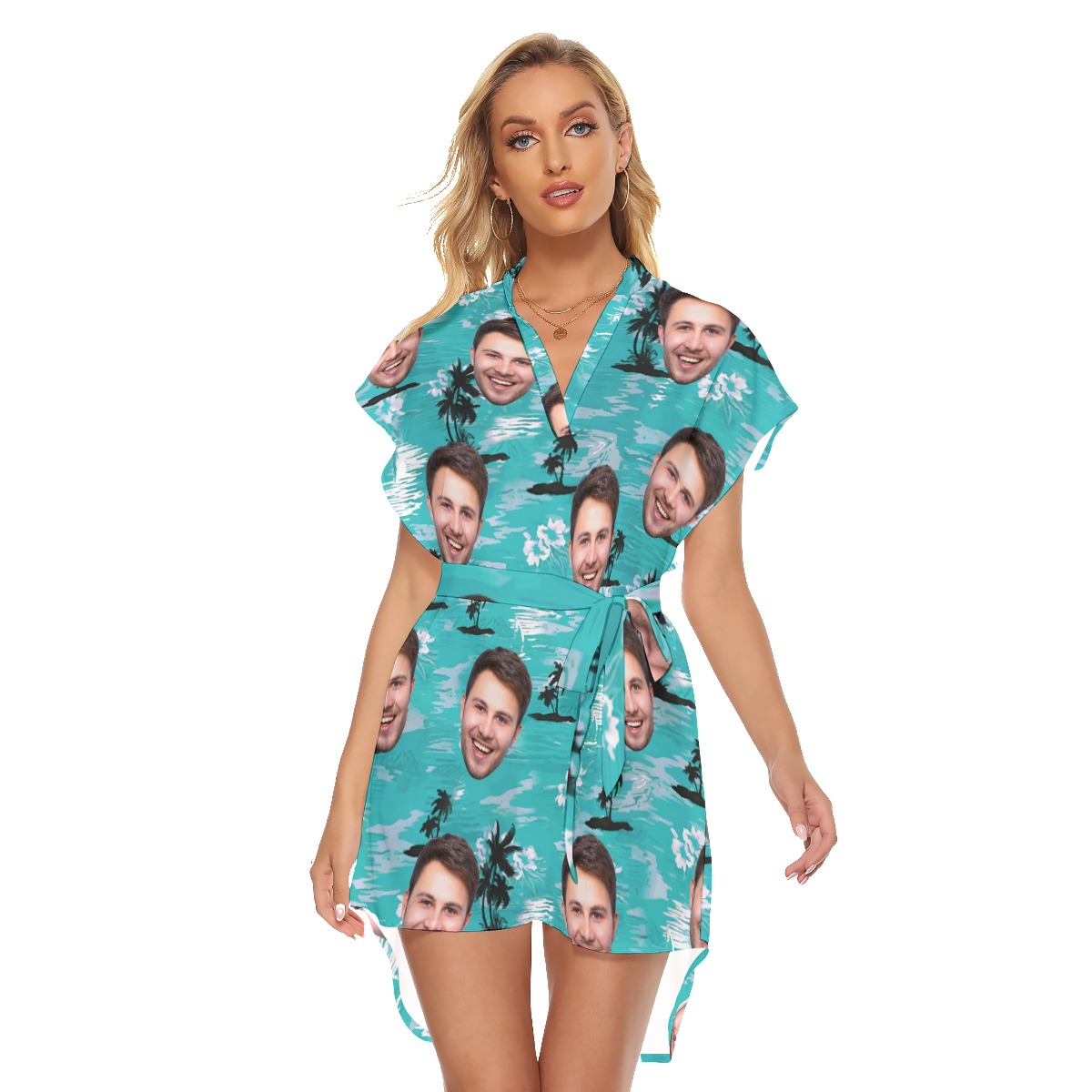 Light Blue Beach Palm Custom Face Hawaiian Dress For Girls - variant image 1