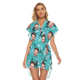 Light Blue Beach Palm Custom Face Hawaiian Dress For Girls