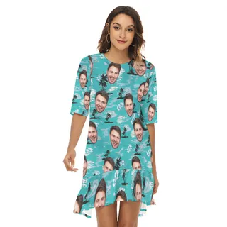 Cool Light Blue Beach Palm Custom Face Hawaiian Dress For Women