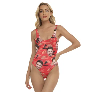 Red Sunset Beach Hawaiian Print Bathing Suits With Custom Face