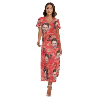 Red Sunset Hawaiian Beach Dress With Multi Face