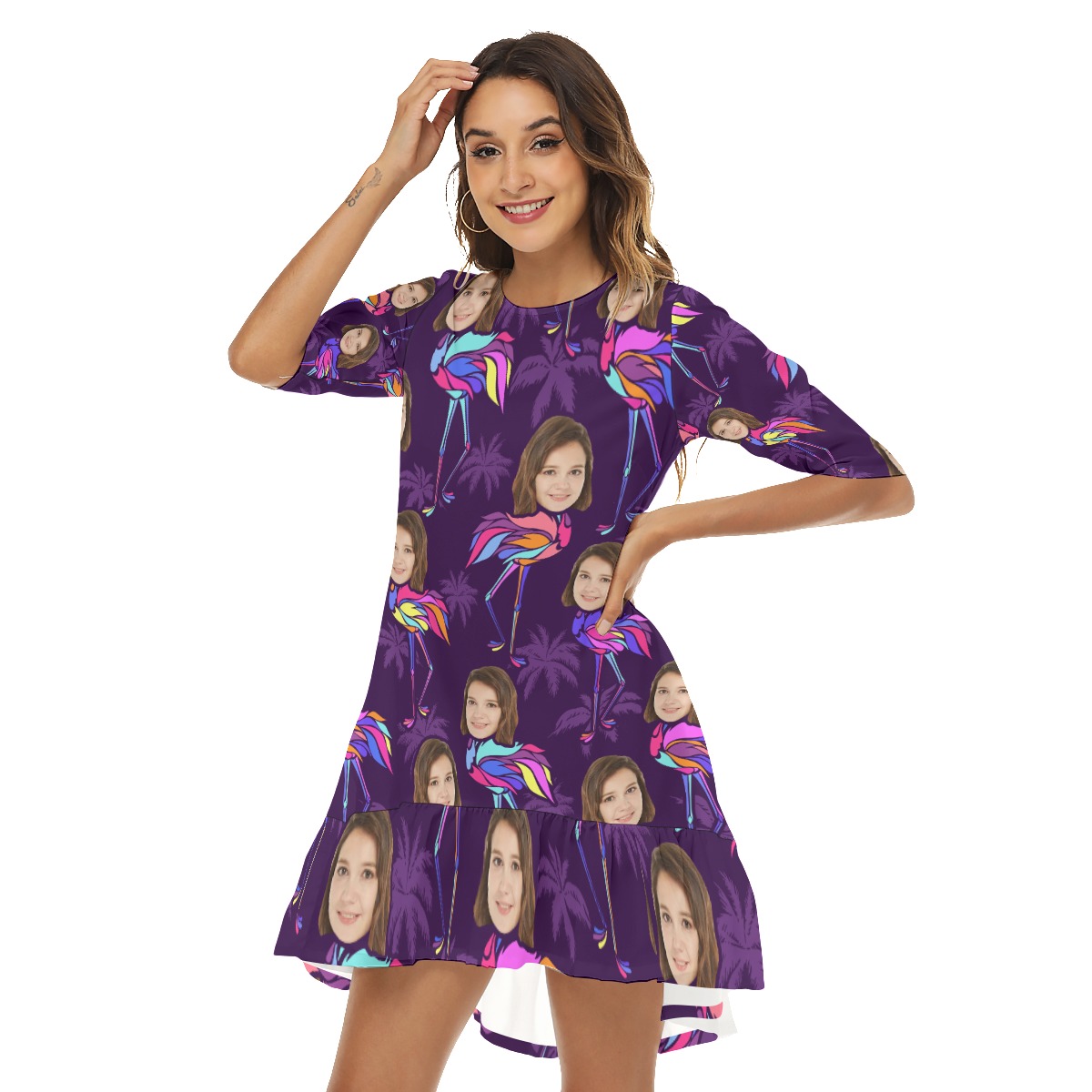 Funny Flamingo Custom Face Hawaiian Half Sleeve Dress With Ruffle Hem