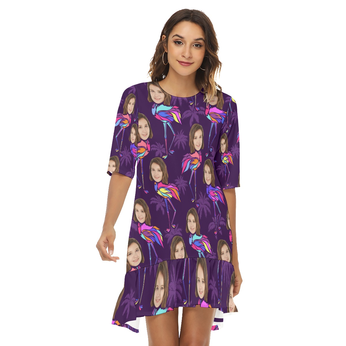 Funny Flamingo Custom Face Hawaiian Half Sleeve Dress With Ruffle Hem