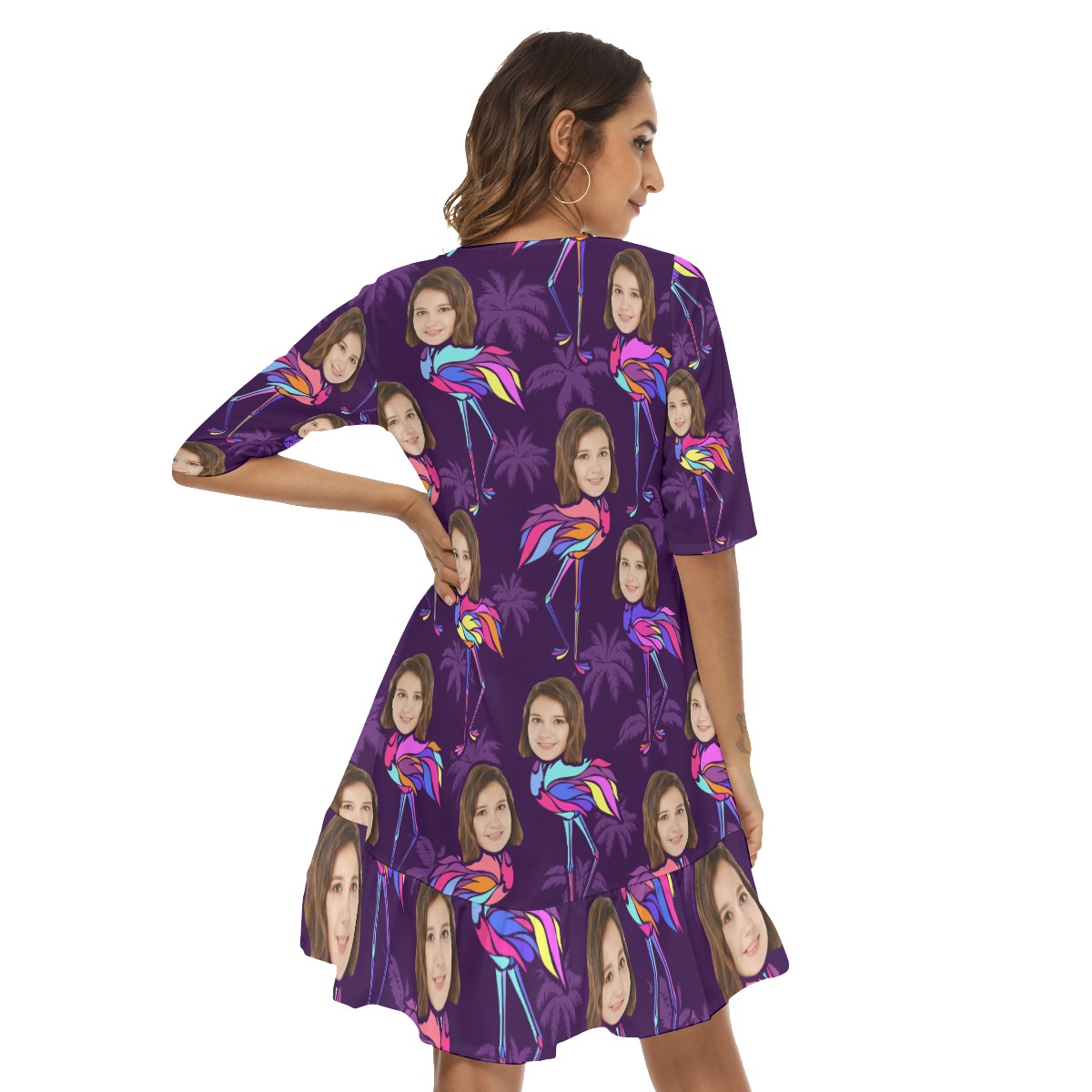 Funny Flamingo Custom Face Hawaiian Half Sleeve Dress With Ruffle Hem