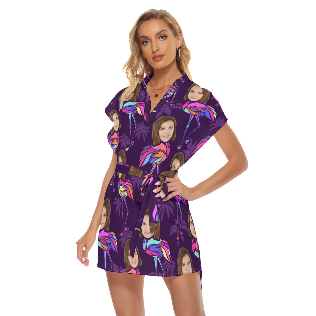 Funny Custom Face With Flamingo Hawaiian Dress With Belt