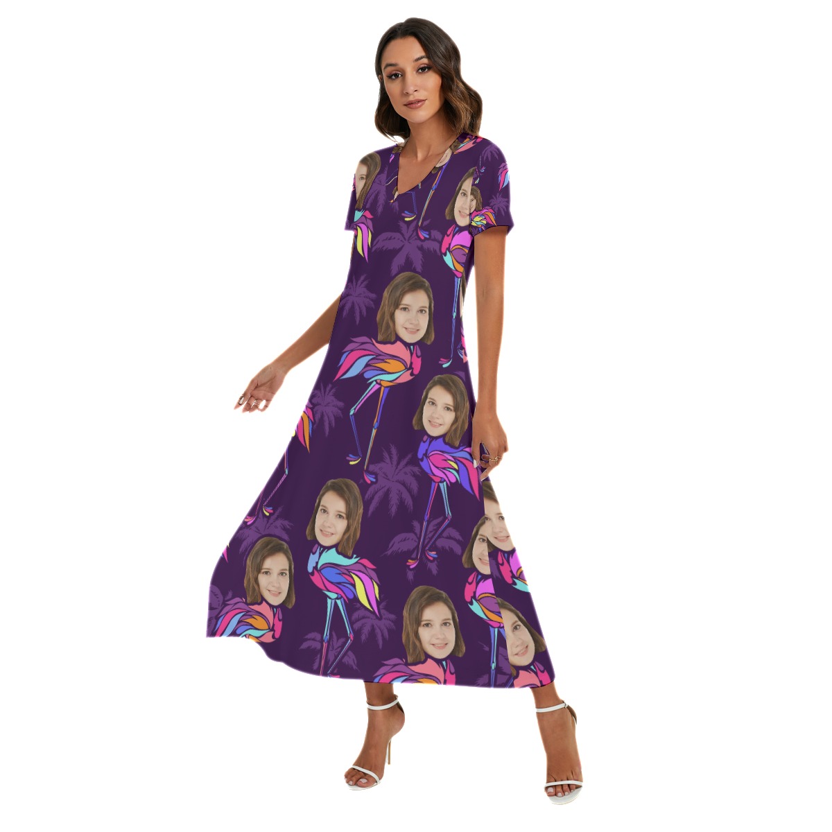 Funny Custom Face Flamingo Hawaiian V-neck Dress With Side Slit