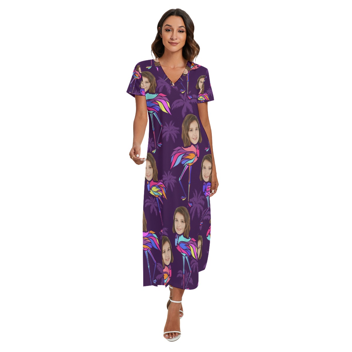 Funny Custom Face Flamingo Hawaiian V-neck Dress With Side Slit