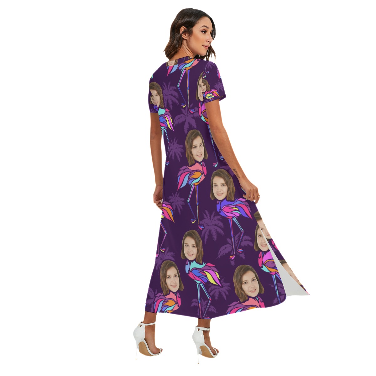 Funny Custom Face Flamingo Hawaiian V-neck Dress With Side Slit